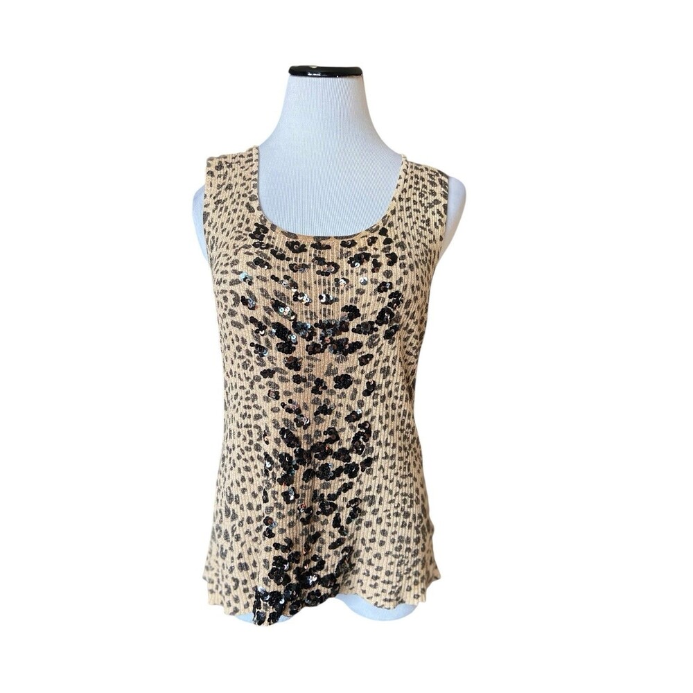 Vintage Y2K Cache Leopard Sequin Tank Top Size L Metallic Knit Glam Mob Wife Hot